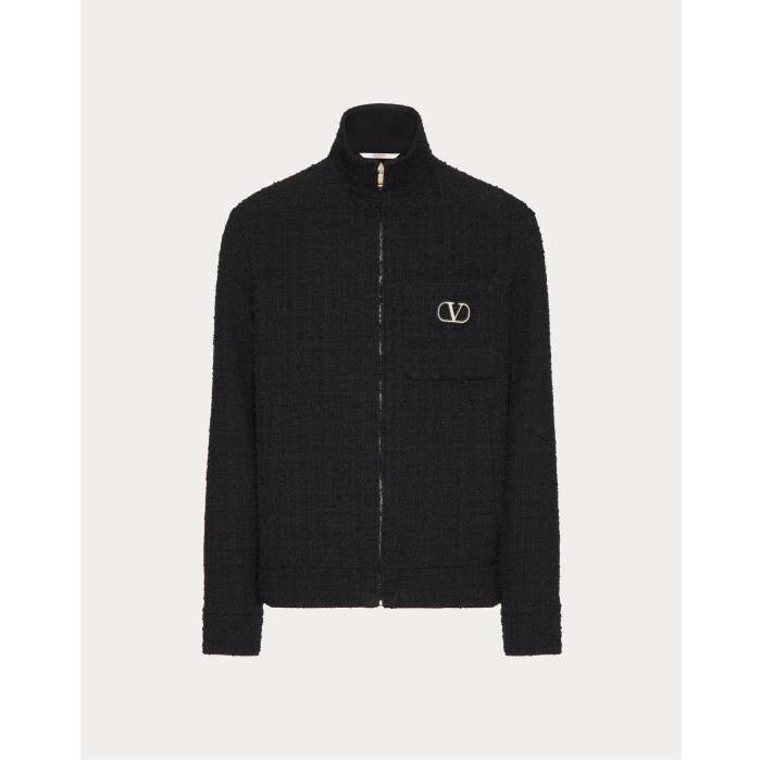 발렌티노 남성 아우터 Cotton Tweed Sweatshirt With Zipper And Vlogo Signature Patch for Man in Black | Valentino GB VCIN319G2_0NO이끌라발렌티노