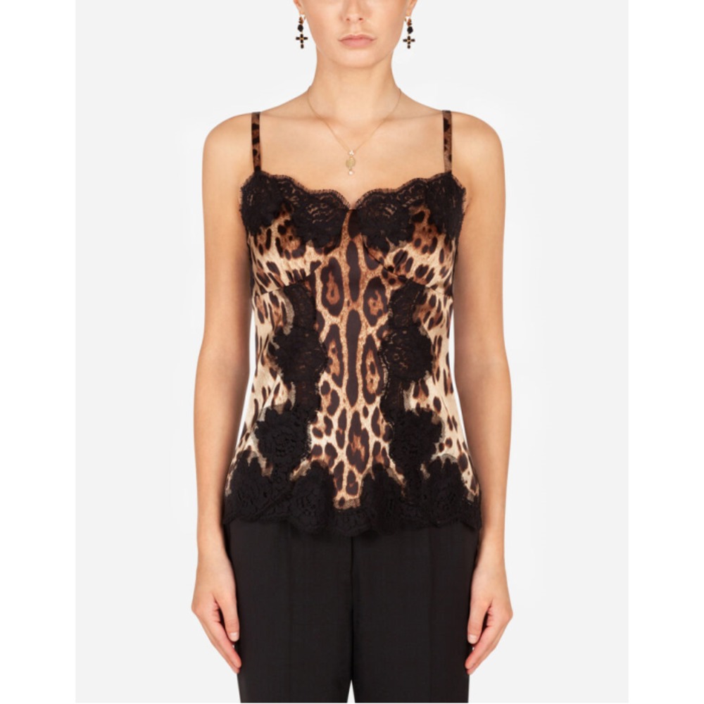 돌체앤가바나 여성 블라우스 셔츠 Satin top in leopard print with shoulder straps and lace detail F72K9TFSAXYHY13M이끌라돌체 앤 가바나