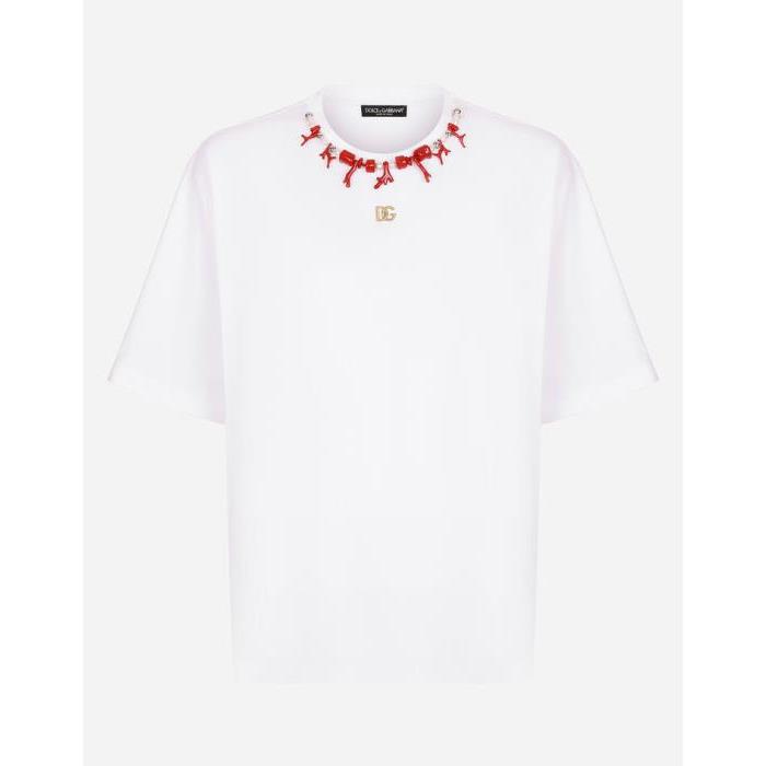 돌체앤가바나 남성 티셔츠 맨투맨 Cotton T shirt with coral necklace and DG patch G8NC5ZG7D1DW0800이끌라돌체 앤 가바나