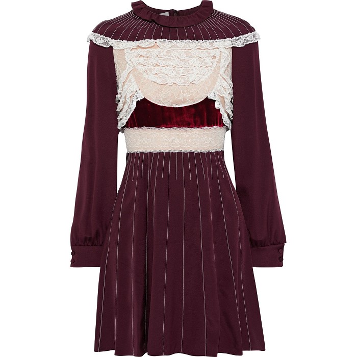 베르사체 여성 원피스 Velvet trimmed Chantilly lace paneled silk jersey mini dress 7789028784816222이끌라발렌티노