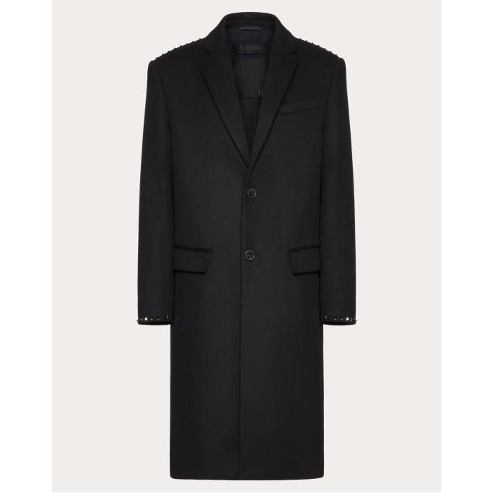 발렌티노 남성 코트 Single Breasted Coat In Double faced Wool And Cashmere With Black Untitled Studs for Man in Black | Valentino GB VCAG602KA_0NO이끌라발렌티노