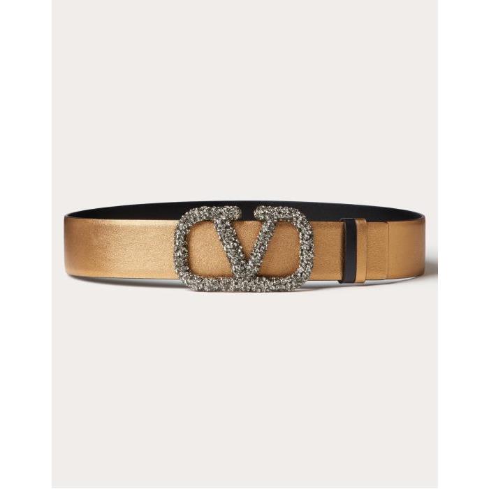 발렌티노 여성 벨트 Vlogo Signature Reversible Belt In Metallic Shiny Calfskin 40 Mm for Woman in Antique Brass Dark/black | Valentino GB WT0S11GIG_PMR이끌라발렌티노