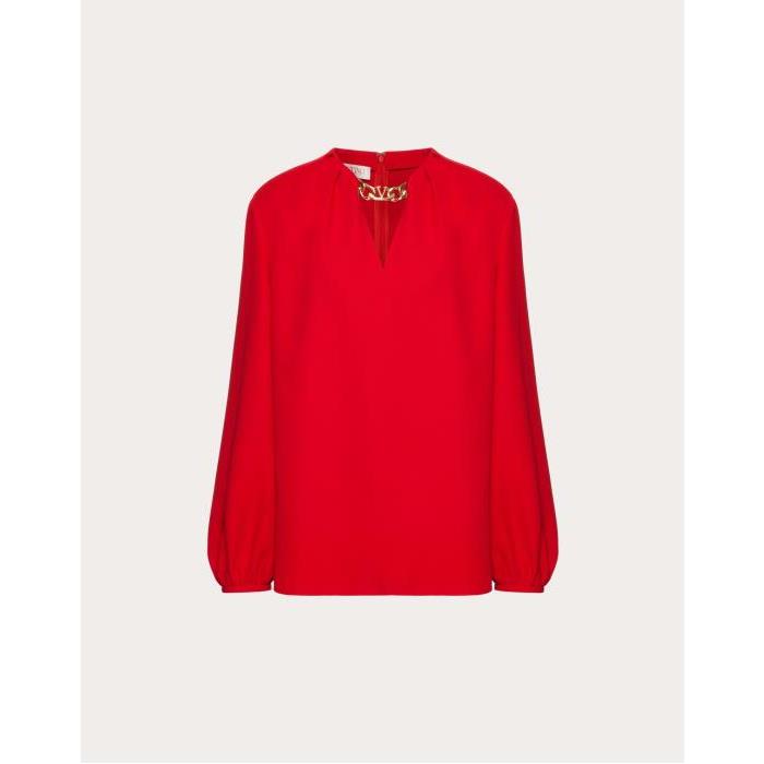 발렌티노 여성 블라우스 셔츠 Cady Couture Vlogo Chain Top for Woman in Red | Valentino GB BAE7551MM_157이끌라발렌티노