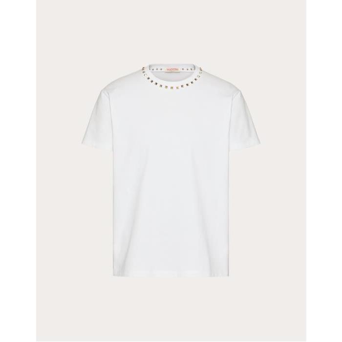 발렌티노 남성 티셔츠 맨투맨 Cotton Crewneck T shirt With Black Untitled Studs for Man in White | Valentino GB VMG08X959_0BO이끌라발렌티노