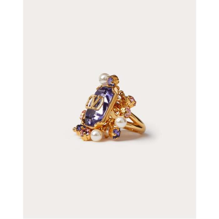 발렌티노 여성 반지 Vlogo Signature Metal Ring With Pearls And Crystals for Woman in Gold/purple | Valentino GB WJ0S55QVS_76B이끌라발렌티노