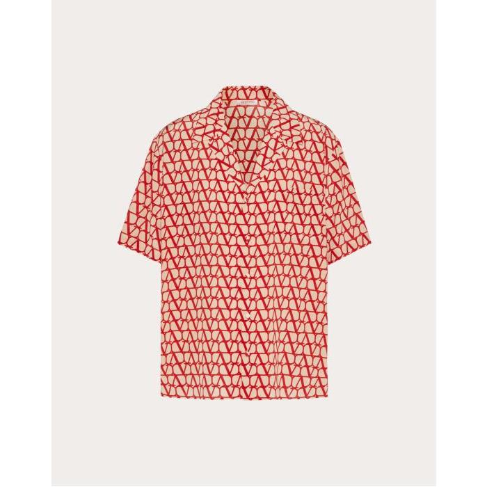 발렌티노 남성 셔츠 All over Toile Iconographe Print Short Sleeve Shirt for Man in Beige/red | Valentino GB VAAA909DN_MYV이끌라발렌티노