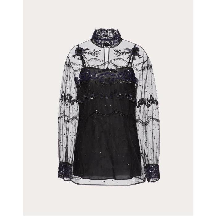 발렌티노 여성 블라우스 셔츠 Tulle Illusione Embroidered Top for Woman in Black | Valentino GB BAE7261ED_0NO이끌라발렌티노
