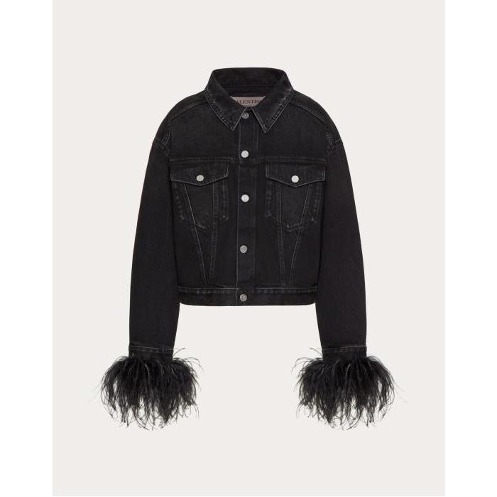 발렌티노 여성 자켓 블레이저 Embroidered Denim Jacket With Feathers for Woman in Black | Valentino GB BDC02T79W_0NO이끌라발렌티노